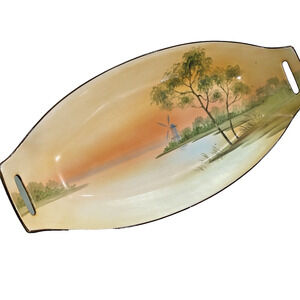 Vintage Nippon Relish Dish Hand Painted Bowl Windmill On Lake Peach Green Handle